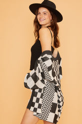 Annie Wear Women's Checkered Open Front Cardigan with Drop Shoulder Design